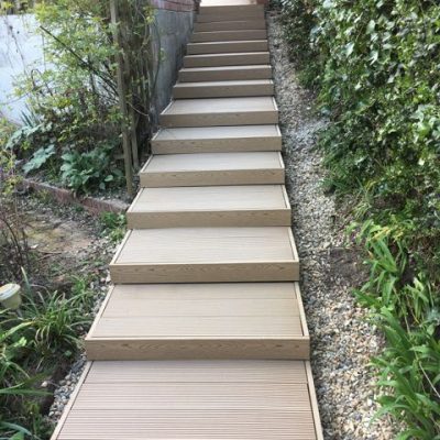 Composite deck steps with French drain, South View, Crowborough