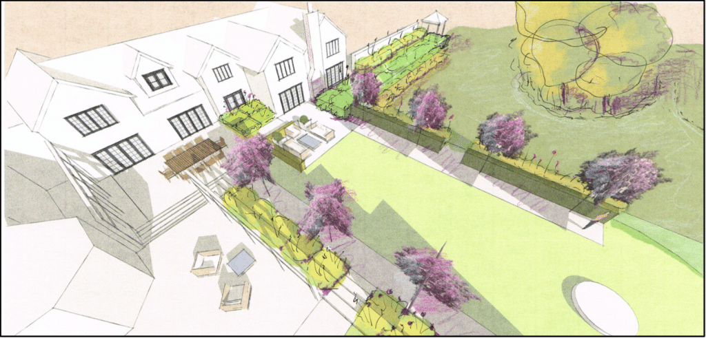 3D plan showing house connecting to garden, Mosley House, West Midlands