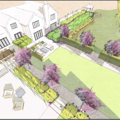 3D plan showing house connecting to garden, Mosley House, West Midlands