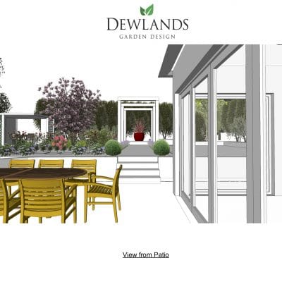 3D Drawings showing view from patio through pergola and across new garden area near High Hurstwood