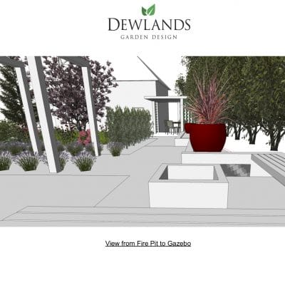 3D Drawings showing view from fire pit to gazebo with hot tub and garden building in Crowborough