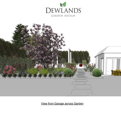 3D view from garage across garden and step stone path in Crowborough