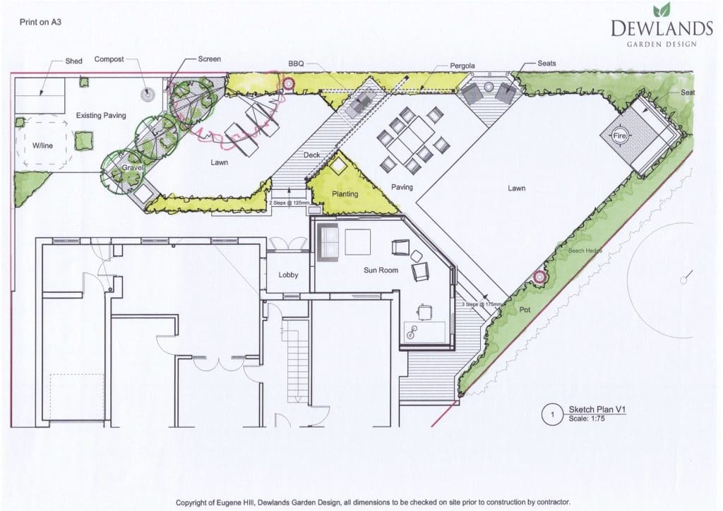 Architectural design of sun room to include garden office and full garden design makeover adding value to your house near Tunbridge Wells