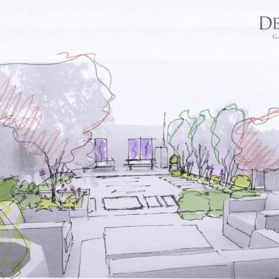 3D views of new garden design and tender with focal point sculpture and outdoor seating area near Cuckfield
