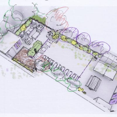 3D views of new garden design and tender with focal point sculpture and outdoor seating area near Cuckfield
