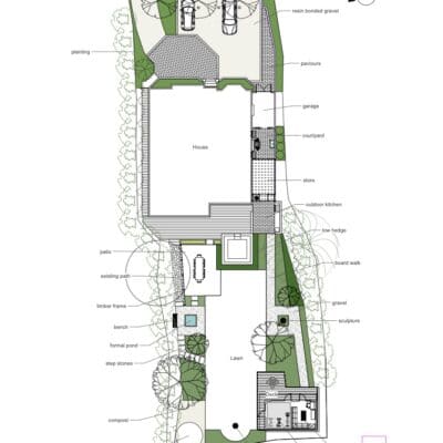 Garden with home gym and teenage den Sketch Plan design Sussex Kent